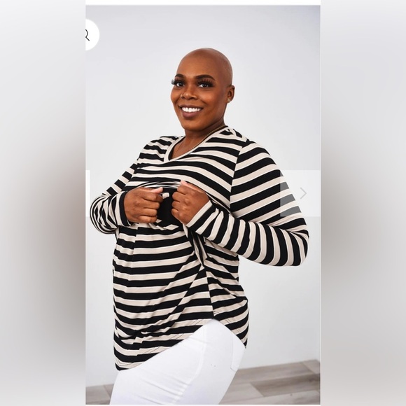 Latched Mama Tops - Latched Mama Long Sleeve V-Neck Tee Black/Khaki Striped 2XL